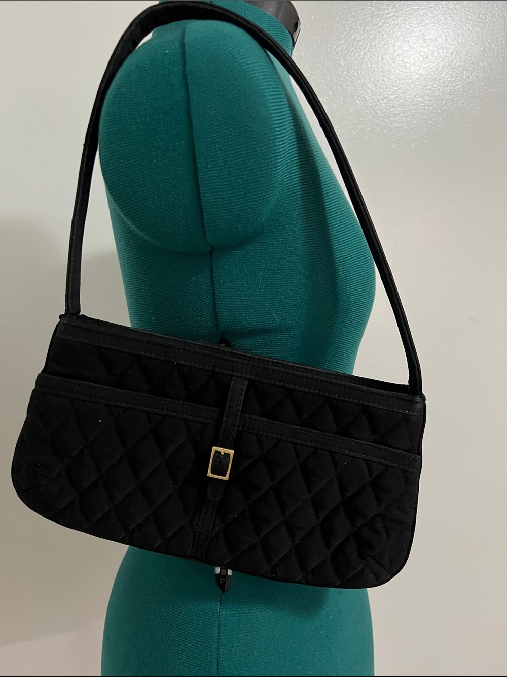 Quilted Black Shoulder Bag with Gold Buckle
